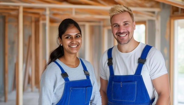 Renovation professional man and woman smiling and wearing a blue overall-1