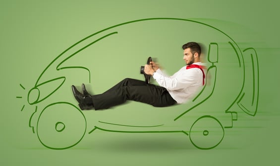 Man drives an eco friendy electric hand drawn car concept